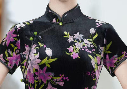 Women's Black Floral Velvet Qipao Cheongsam Dress – additional product view
