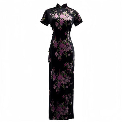 Women's Black Floral Velvet Qipao Cheongsam Dress – additional product view