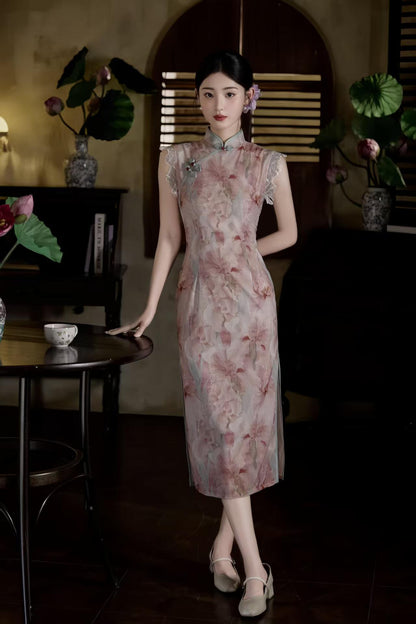 Women's Pink Floral Qipao Cheongsam Dress – additional product view