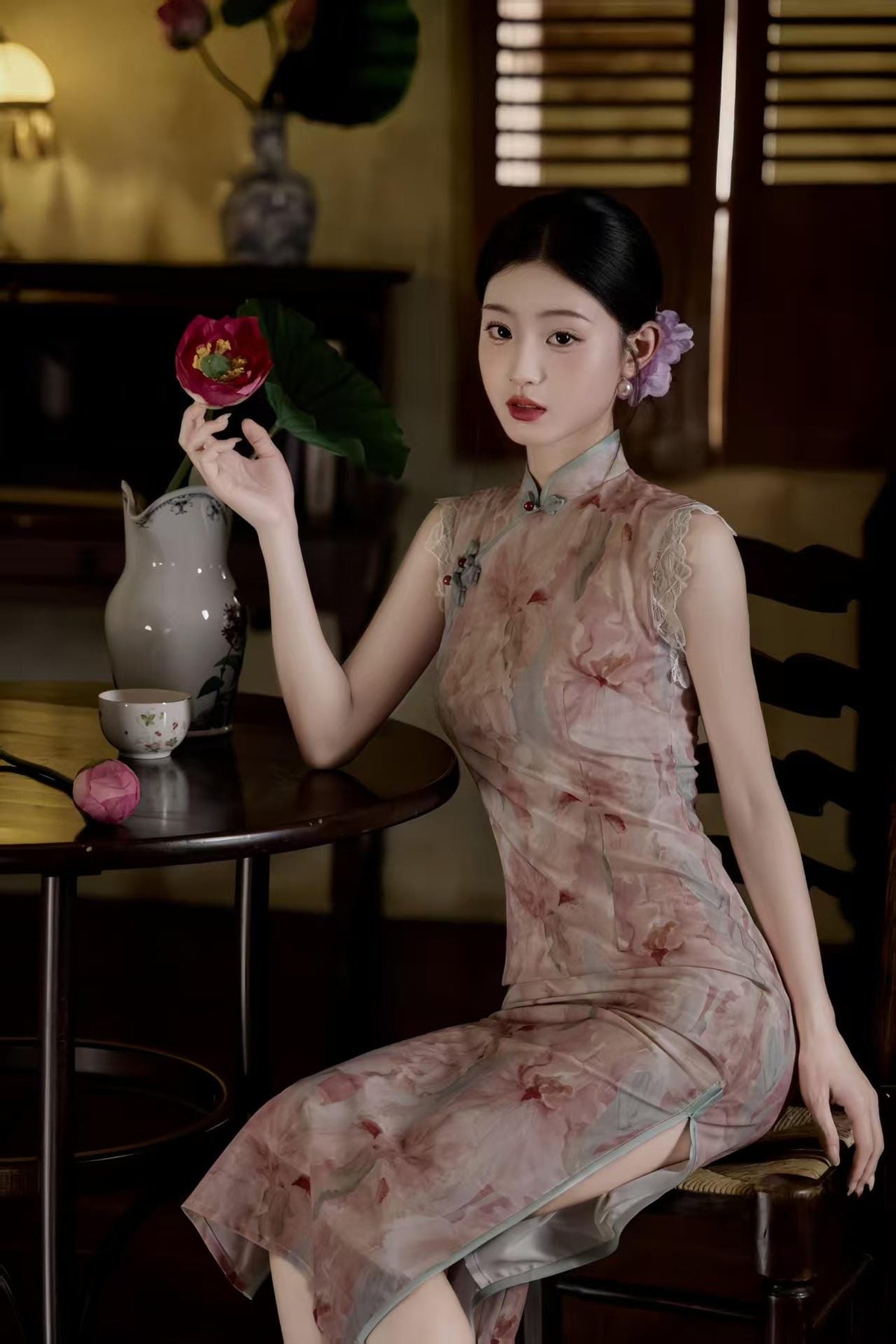 Women's Pink Floral Qipao Cheongsam Dress – additional product view