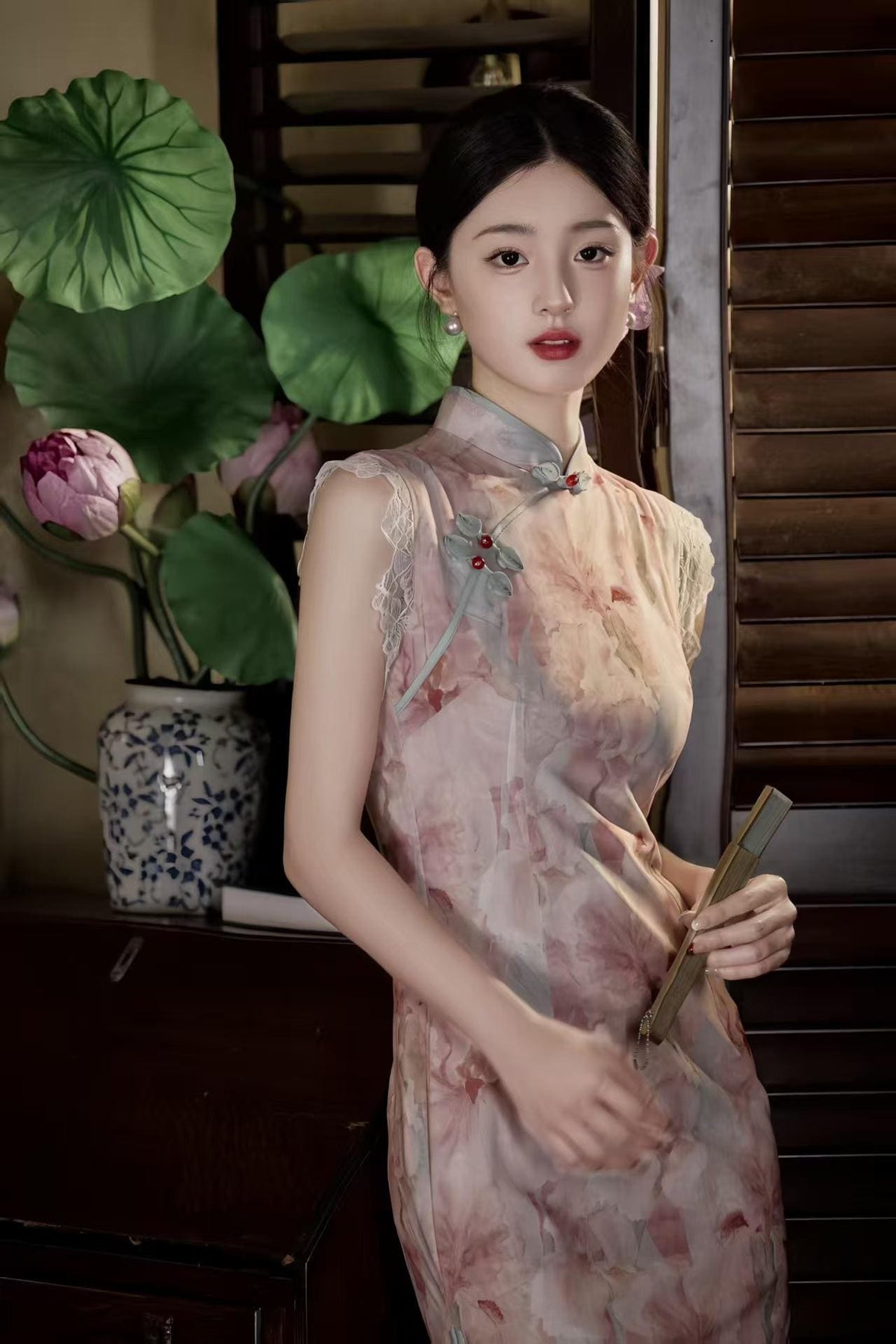 Women's Pink Floral Qipao Cheongsam Dress – additional product view