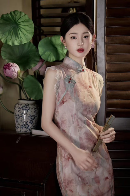 Women's Pink Floral Qipao Cheongsam Dress – additional product view