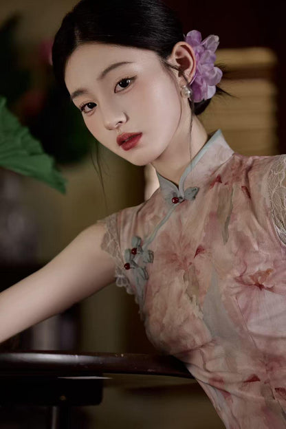 Women's Pink Floral Qipao Cheongsam Dress – additional product view
