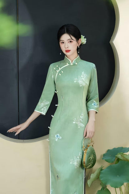 Women's Green Floral Qipao Cheongsam Dress – Embroidered