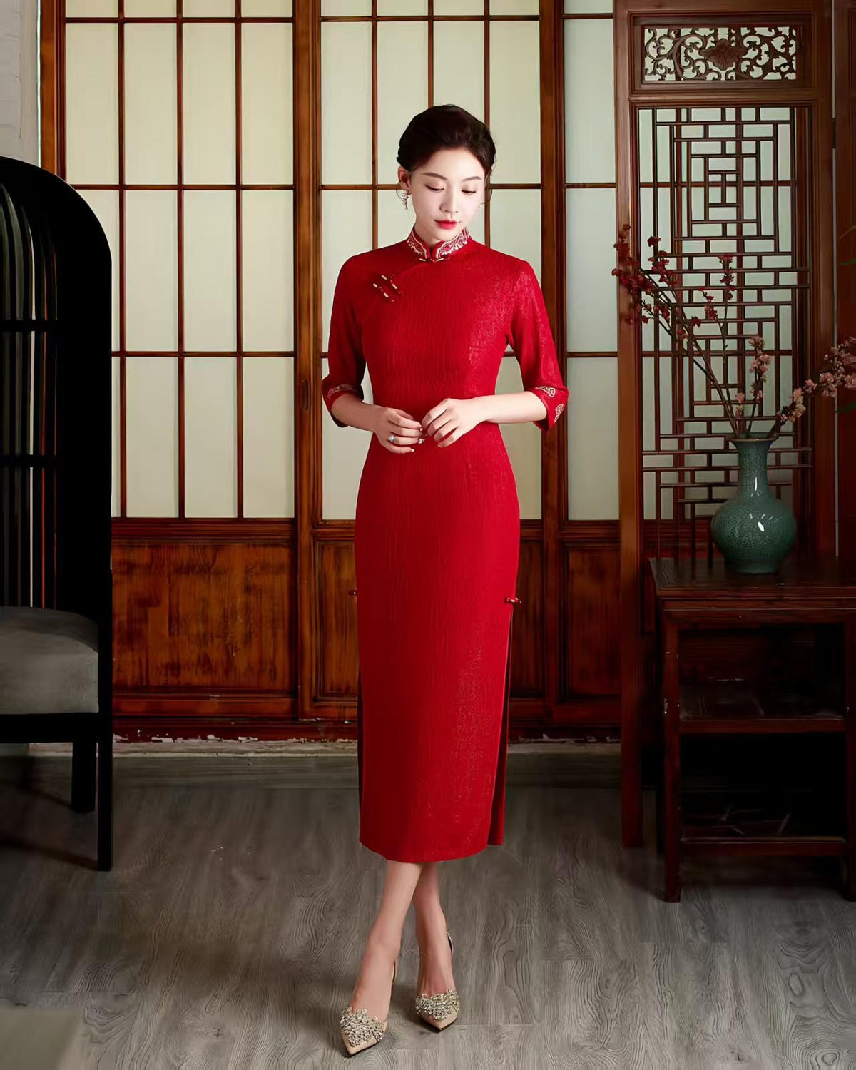 Women's Red Elegant Lace Qipao Cheongsam Dress