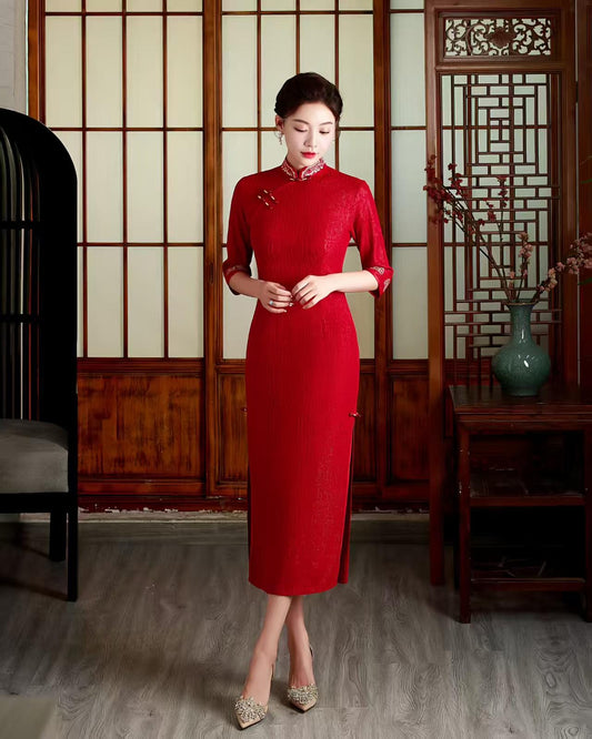 Women's Red Elegant Lace Qipao Cheongsam Dress
