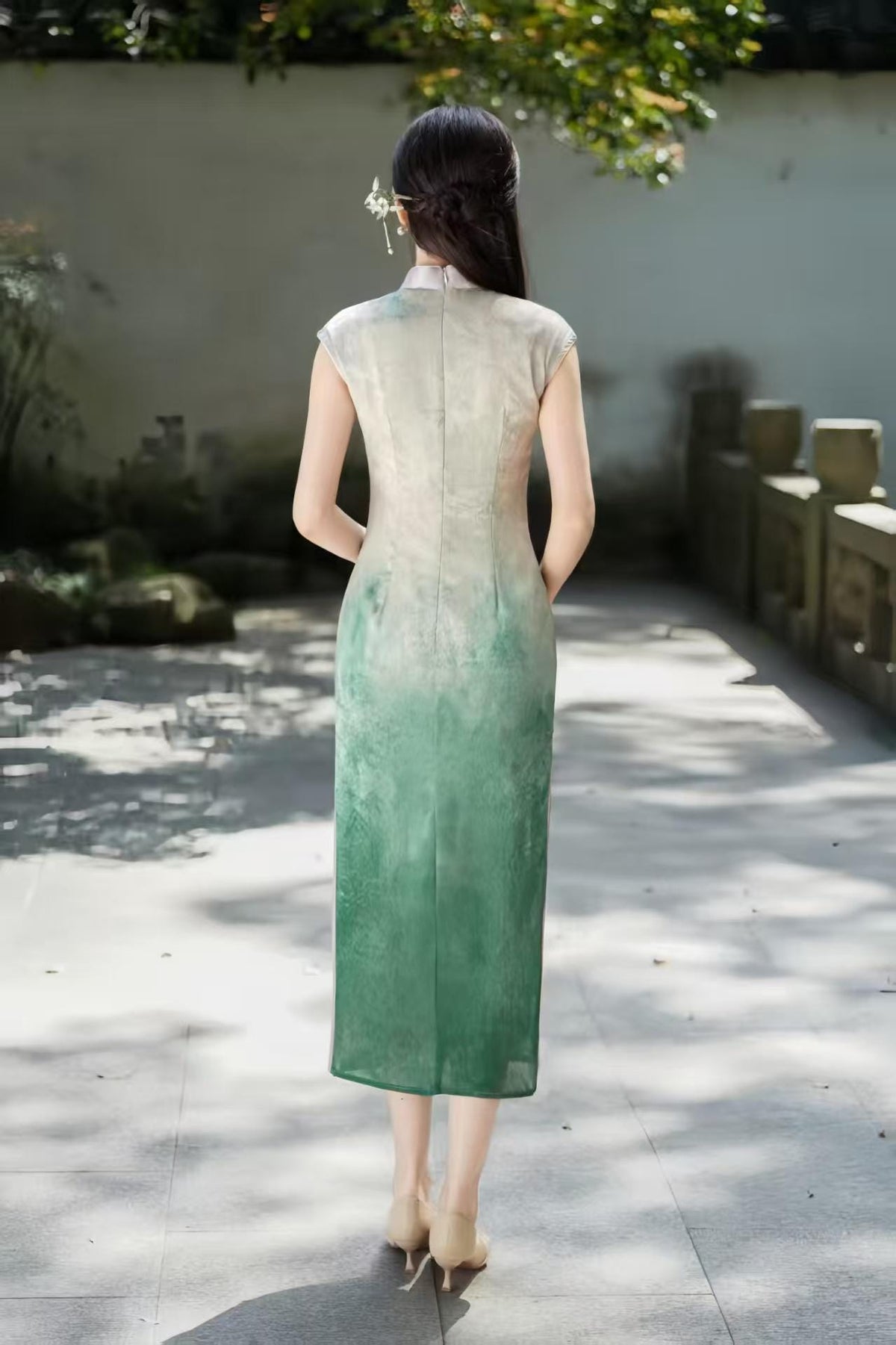 Women's Green Floral Satin Qipao Cheongsam Dress – Midi – additional product view