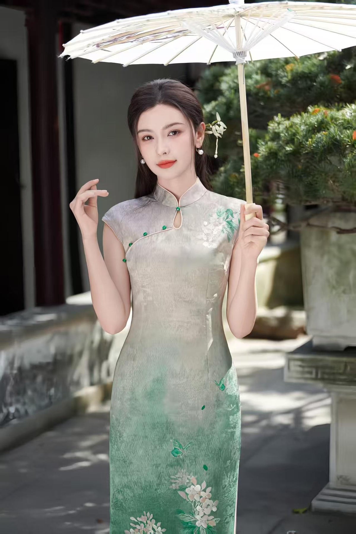 Women's Green Floral Satin Qipao Cheongsam Dress – Midi – additional product view