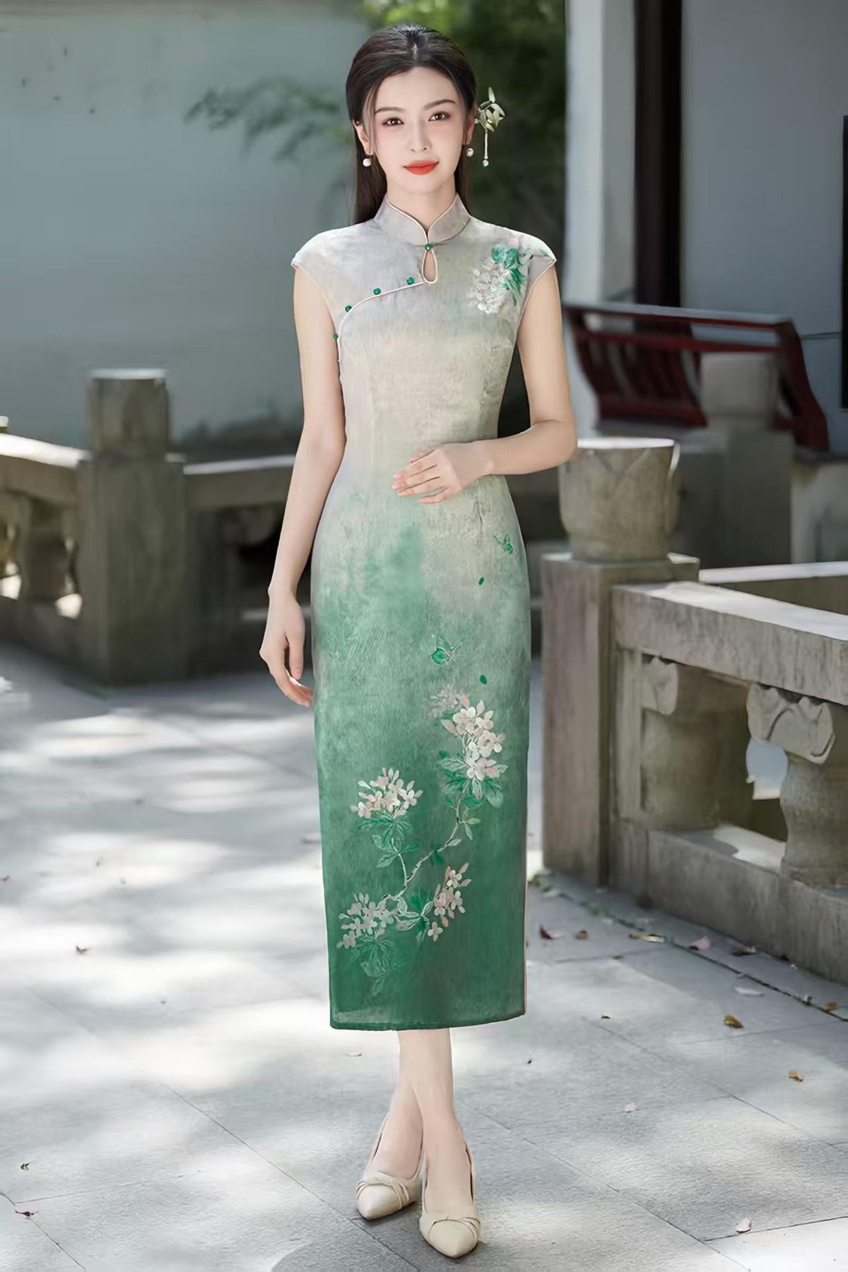 Women's Green Floral Satin Qipao Cheongsam Dress – Midi – additional product view