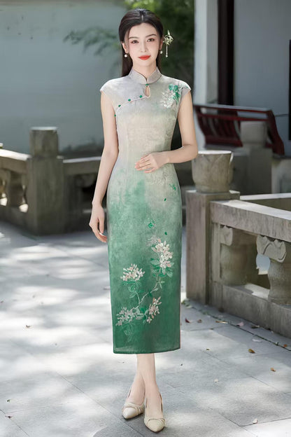 Women's Green Floral Satin Qipao Cheongsam Dress – Midi – additional product view