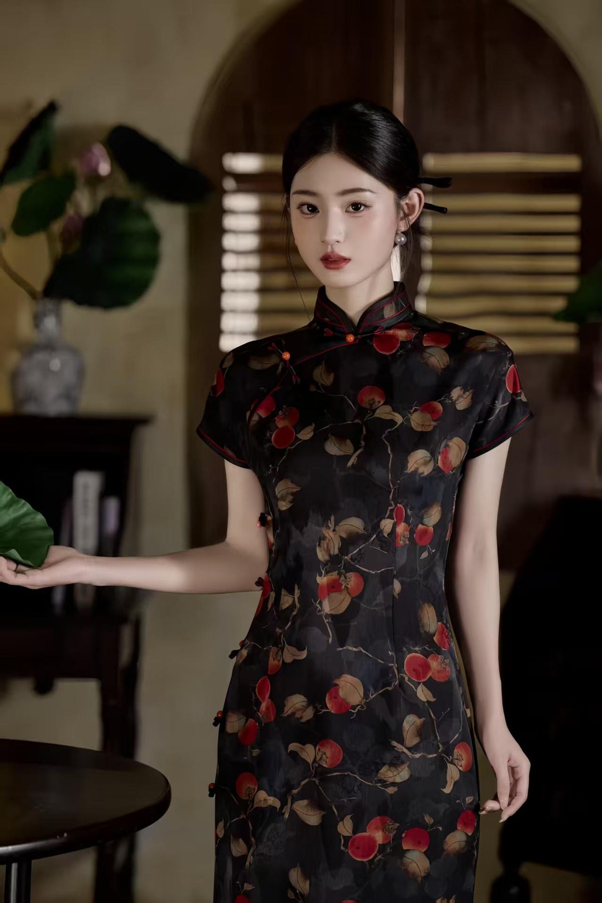 Women's Black Elegant Satin Qipao Cheongsam Dress – additional product view