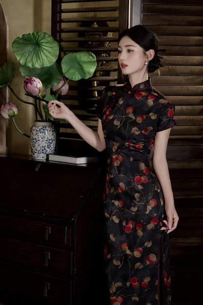 Women's Black Elegant Satin Qipao Cheongsam Dress – additional product view