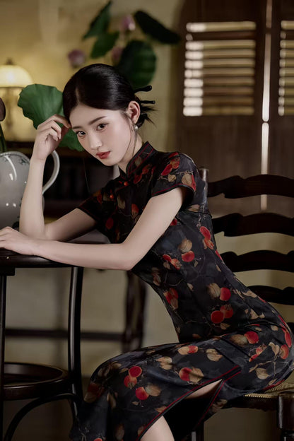 Women's Black Elegant Satin Qipao Cheongsam Dress – additional product view