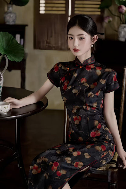 Women's Black Elegant Satin Qipao Cheongsam Dress – additional product view