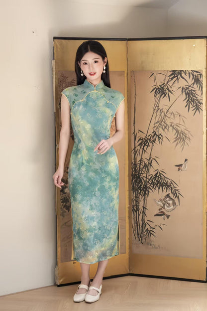 Women's Green Floral Velvet Qipao Cheongsam Dress – additional product view