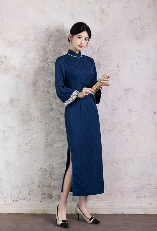 Women's Blue Jacquard Qipao Cheongsam Dress – Midi Fall Winter