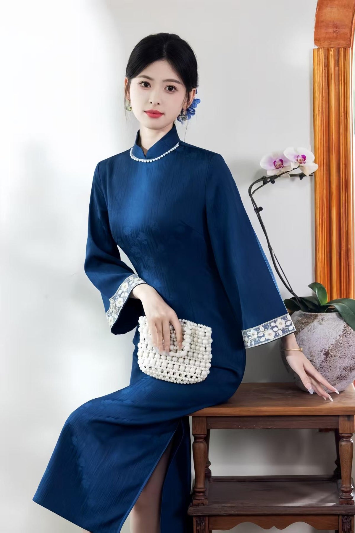 Women's Blue Jacquard Qipao Cheongsam Dress – Midi Fall Winter – additional product view
