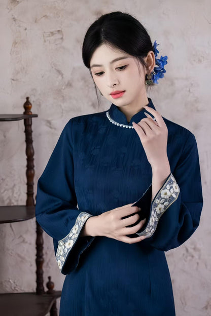 Women's Blue Jacquard Qipao Cheongsam Dress – Midi Fall Winter – additional product view