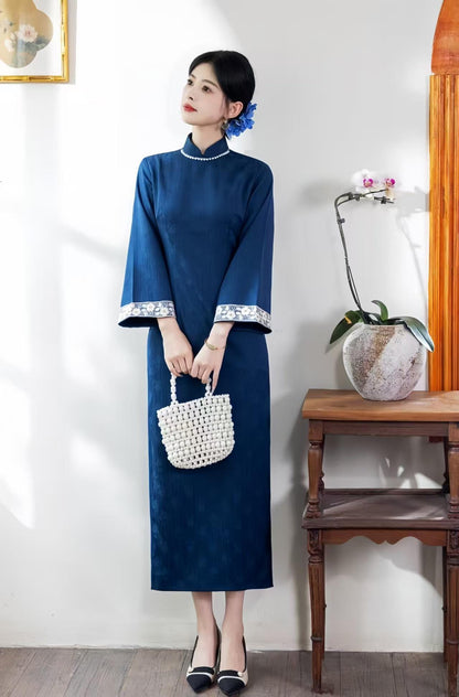 Women's Blue Jacquard Qipao Cheongsam Dress – Midi Fall Winter – additional product view