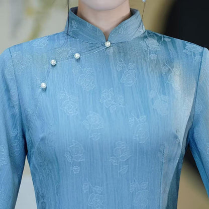 Women's Blue Elegant Satin Qipao Cheongsam Dress – additional product view