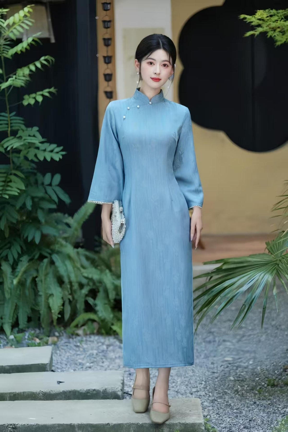 Women's Blue Elegant Satin Qipao Cheongsam Dress – additional product view