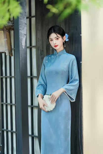 Women's Blue Elegant Satin Qipao Cheongsam Dress – additional product view