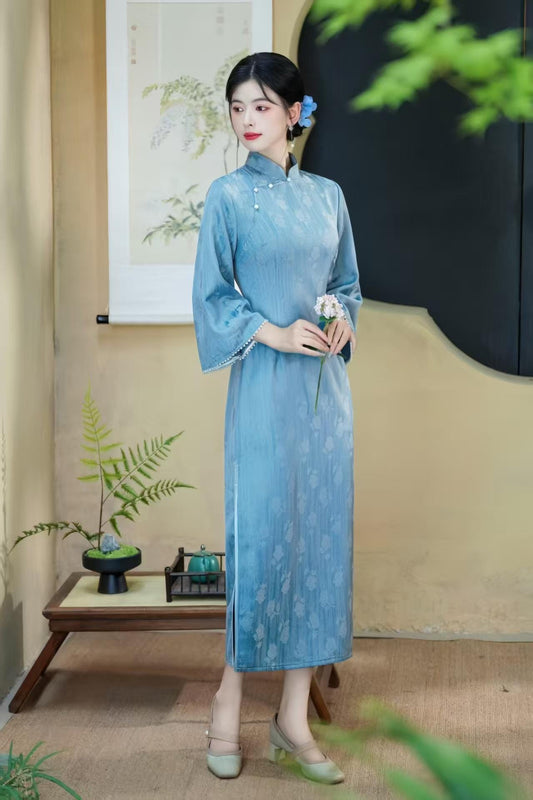 Women's Blue Elegant Satin Qipao Cheongsam Dress