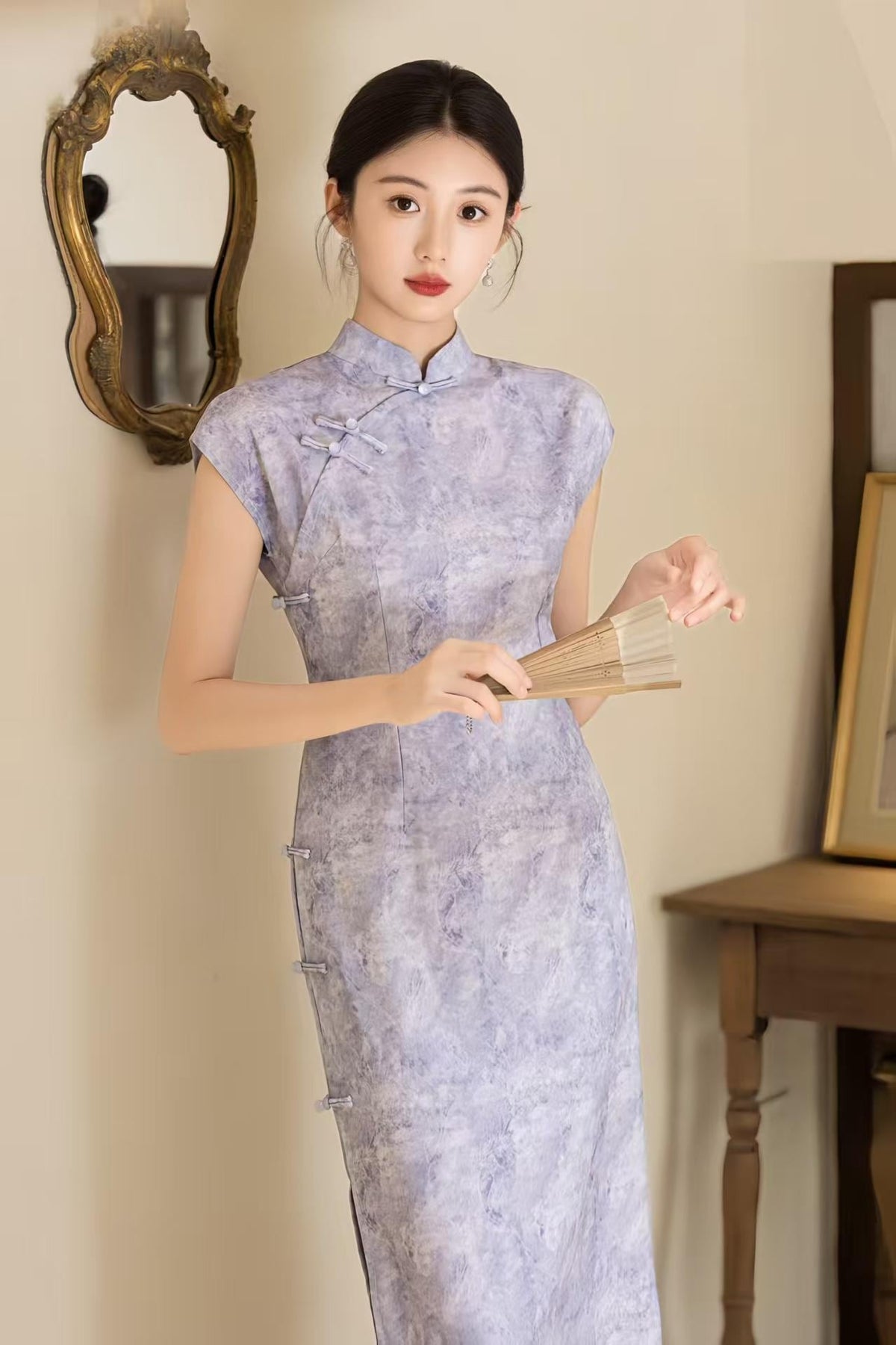 Women's Purple Elegant Qipao Cheongsam Dress – Linen Fitted – additional product view