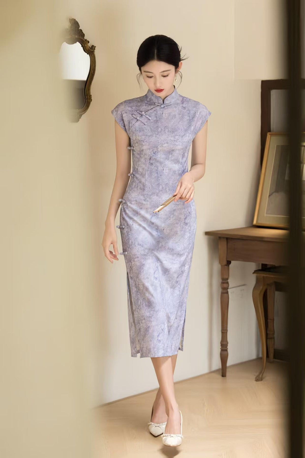 Women's Purple Elegant Qipao Cheongsam Dress – Linen Fitted – additional product view
