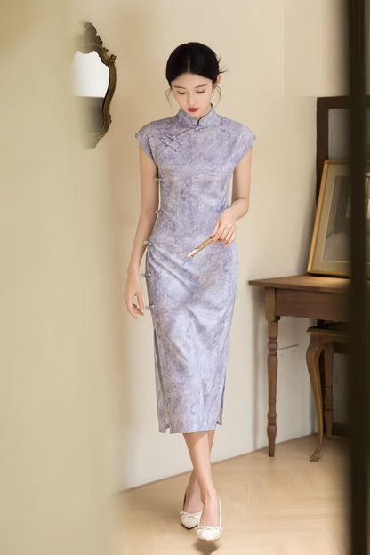 Women's Purple Elegant Qipao Cheongsam Dress – Linen Fitted – additional product view