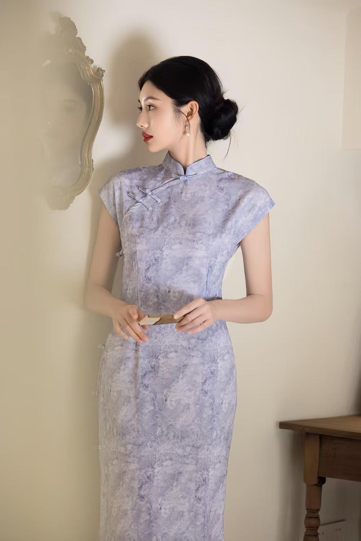 Women's Purple Elegant Qipao Cheongsam Dress – Linen Fitted – additional product view