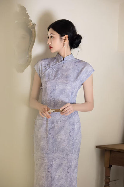 Women's Purple Elegant Qipao Cheongsam Dress – Linen Fitted – additional product view