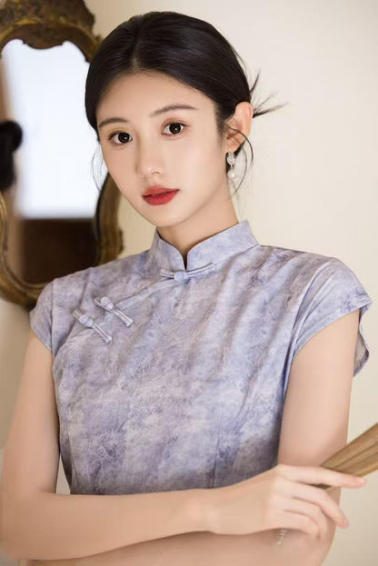Women's Purple Elegant Qipao Cheongsam Dress – Linen Fitted – additional product view