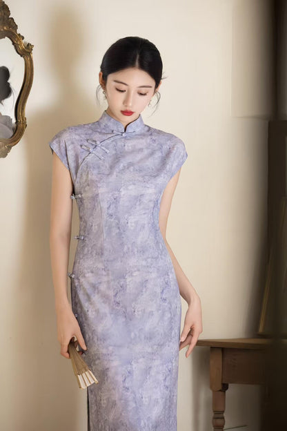 Women's Purple Elegant Qipao Cheongsam Dress – Linen Fitted
