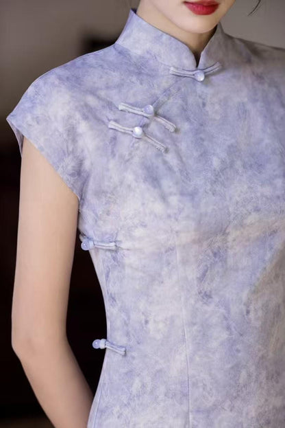Women's Purple Elegant Qipao Cheongsam Dress – Linen Fitted – additional product view