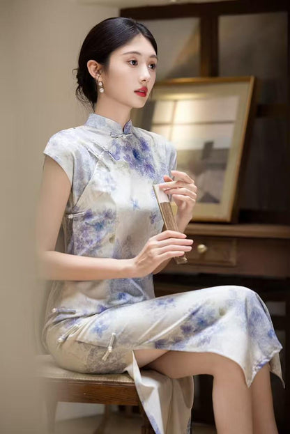 Women's Purple Floral Qipao Cheongsam Dress – Linen Midi Fitted – additional product view