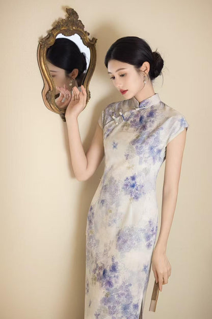 Women's Purple Floral Qipao Cheongsam Dress – Linen Midi Fitted – additional product view