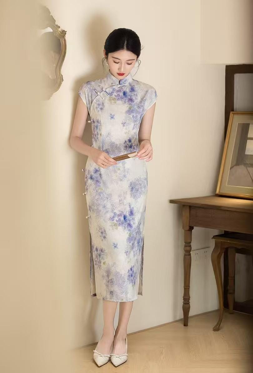 Women's Purple Floral Qipao Cheongsam Dress – Linen Midi Fitted – additional product view