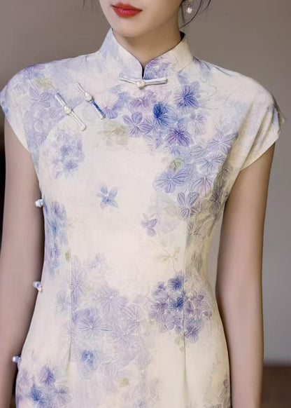 Women's Purple Floral Qipao Cheongsam Dress – Linen Midi Fitted – additional product view