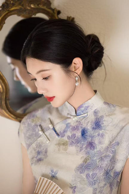 Women's Purple Floral Qipao Cheongsam Dress – Linen Midi Fitted – additional product view