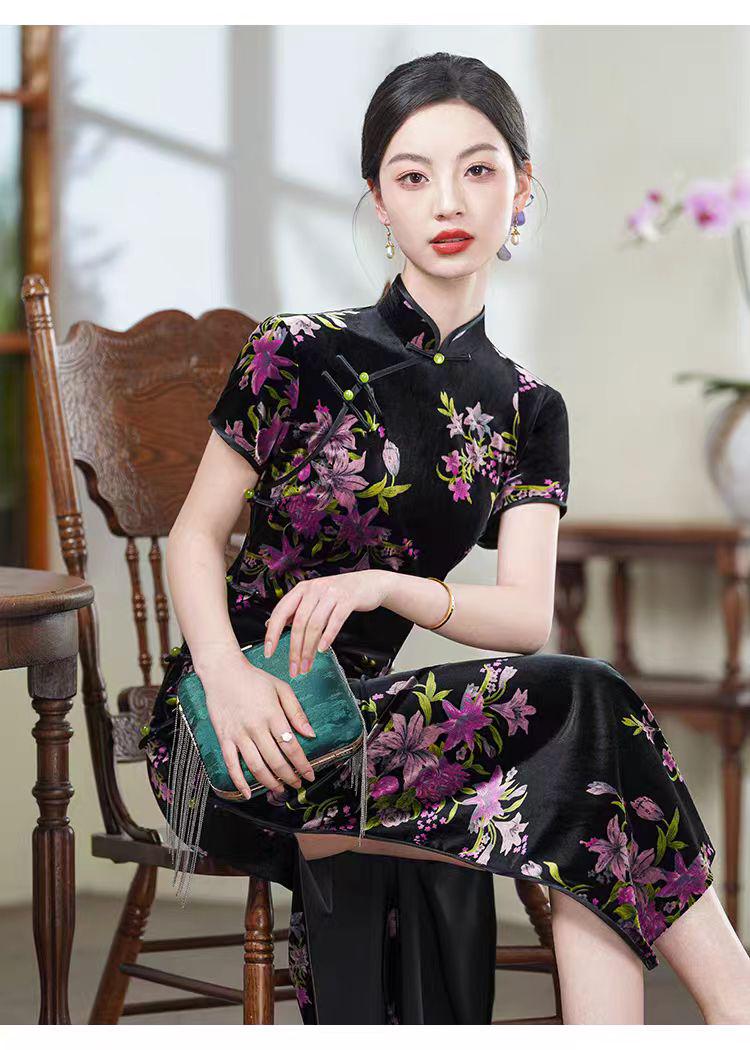 Women's Black Floral Velvet Qipao Cheongsam Dress