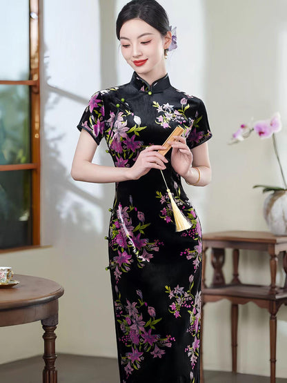 Women's Black Floral Velvet Qipao Cheongsam Dress – additional product view