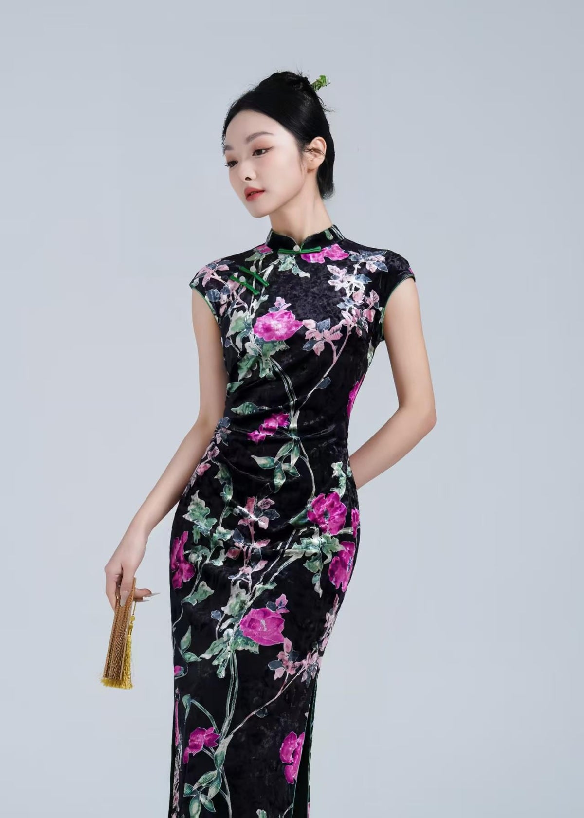 Women's Black Floral Velvet Qipao Cheongsam Dress – Peony