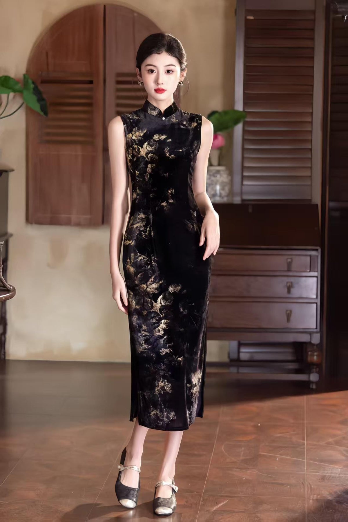 Women's Gold Elegant Velvet Qipao Cheongsam Dress – Printed – additional product view