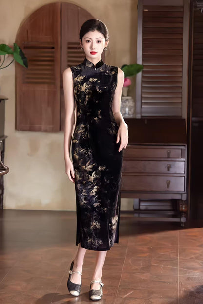 Women's Gold Elegant Velvet Qipao Cheongsam Dress – Printed – additional product view