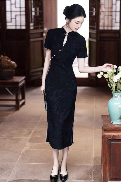 Women's Black Jacquard Qipao Cheongsam Dress – Printed – additional product view