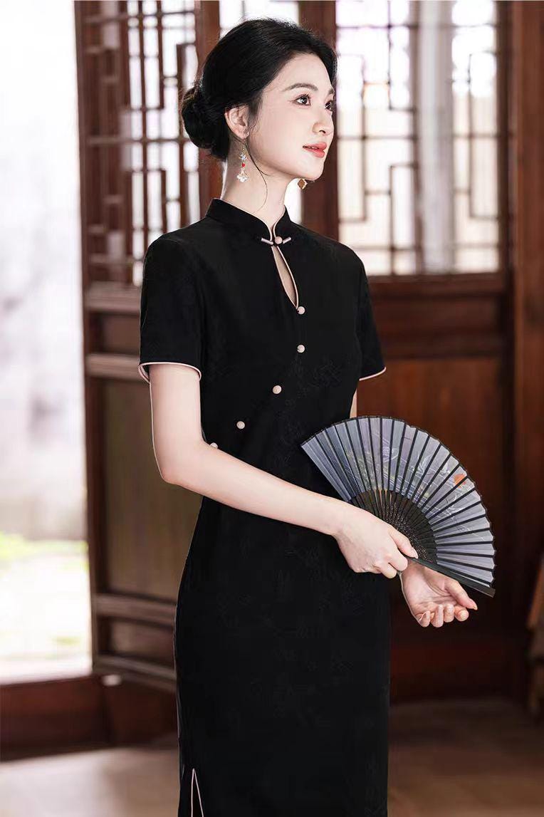 Women's Black Jacquard Qipao Cheongsam Dress – Printed – additional product view