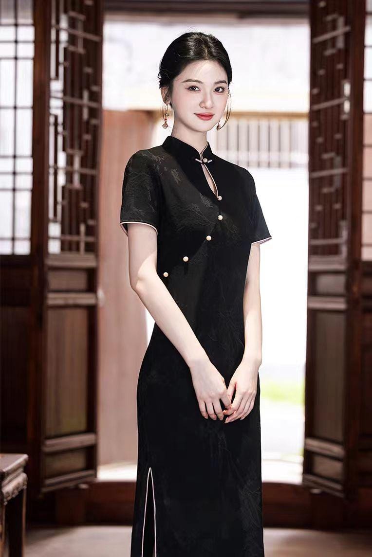 Women's Black Jacquard Qipao Cheongsam Dress – Printed – additional product view