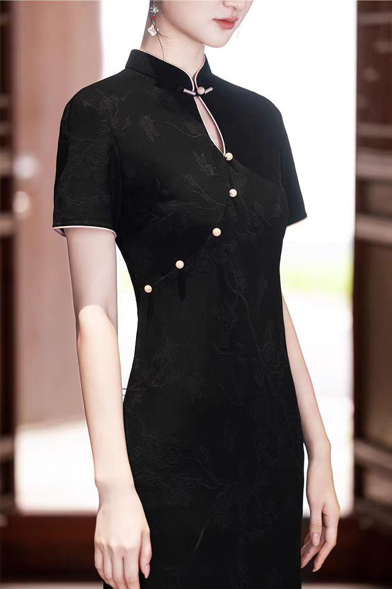 Women's Black Jacquard Qipao Cheongsam Dress – Printed – additional product view