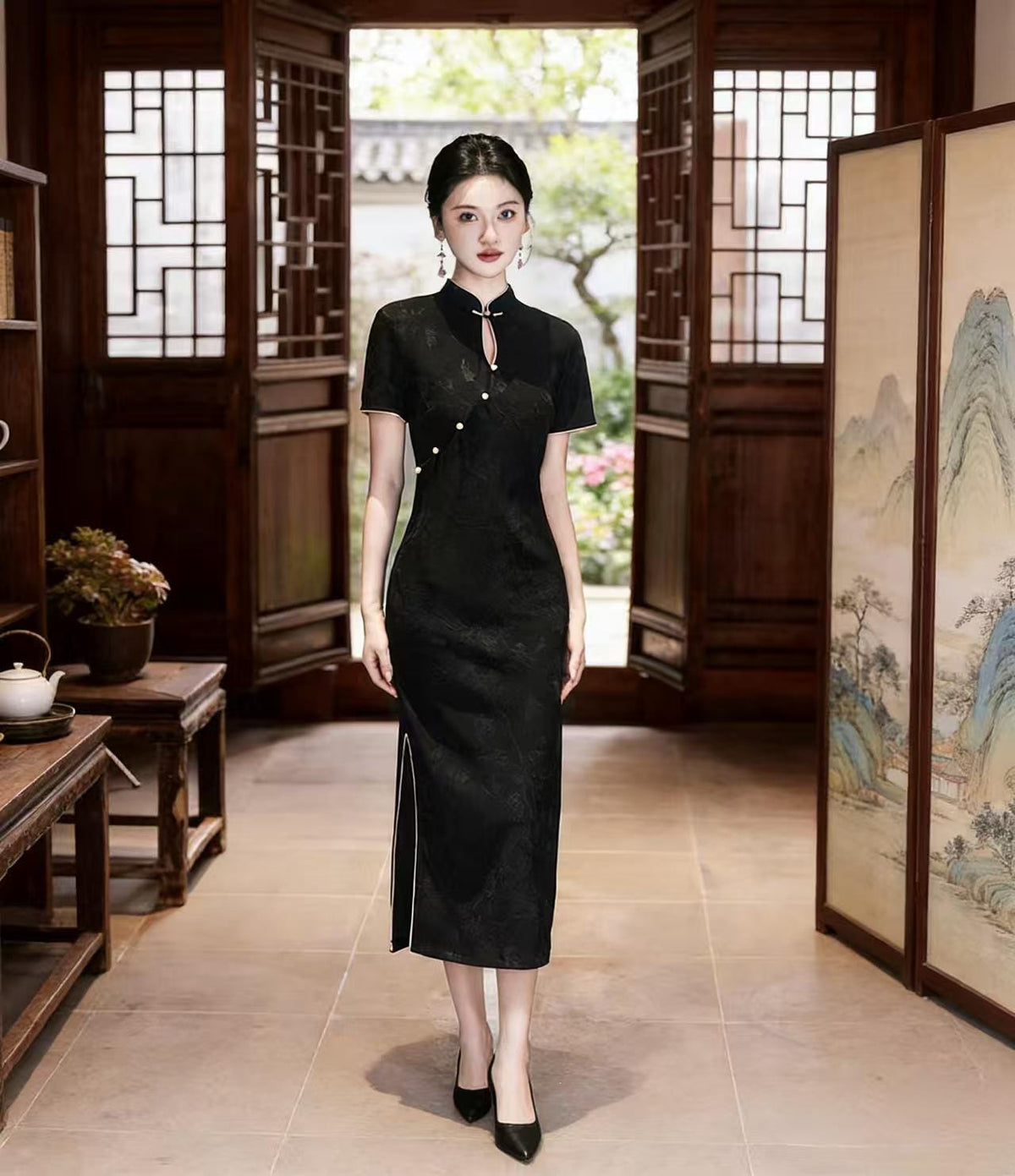 Women's Black Jacquard Qipao Cheongsam Dress – Printed